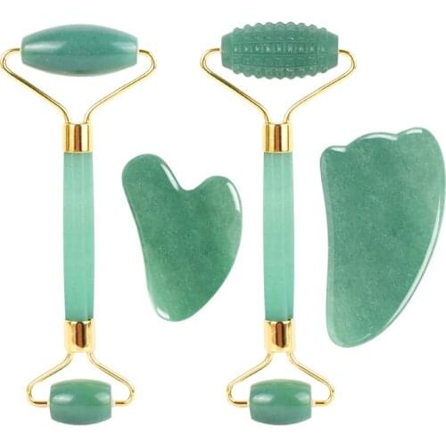 Aventurine Face Roller Gua Sha Set Facial Massager Natural Jade Gouache Scraper Kit Green Real Stone Face Lift Beauty Skin Care