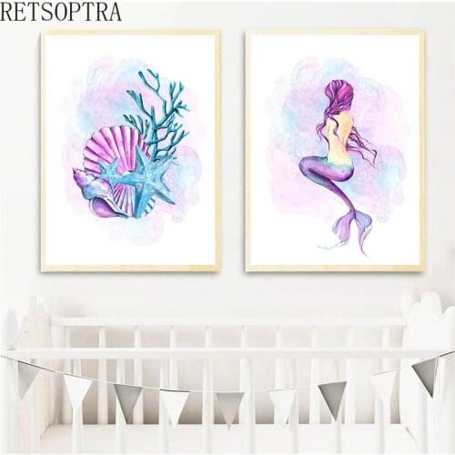 Cute Purple Color Cartoon Starfish Shell Wall Art Print Decorative Painting Watercolor Mermaid Poster Childrens Room Decor