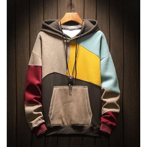 April MOMO 2021 Mens Hoodie With Fur Plus Size Patchwork Contrasted Color Casual Hooded Shirt Men Pullover Hip Hop Hoody