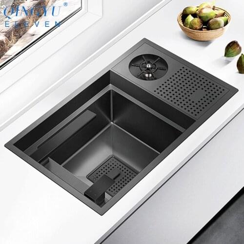 SUS 304 Stainless Steel Nanometer Black Hidden Cup Rinser Sink 4mm Thickness Handmade Undermount Kitchen Hidden Sinks