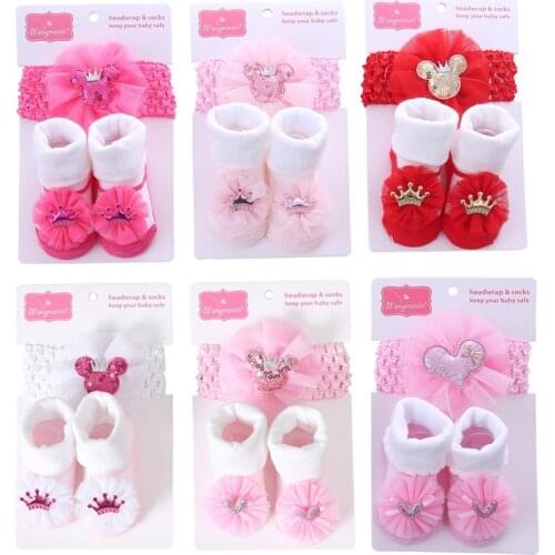 2pcs/set Bow Knot Three-dimensional Baby Socks Lovely Princess Baby Socks Hair Band Set New Born Baby Socks Headwear Set