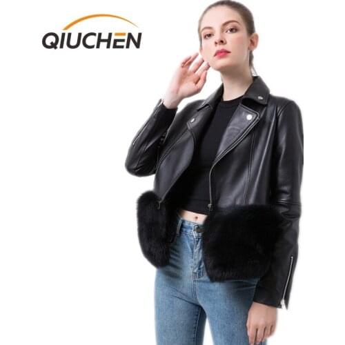 QIUCHEN PJ20026 2020 new arrival free shipping new arrival women real leather coat natural sheep skin jacket with fox fur