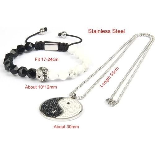 Ailatu Taichi Yingyang Necklace Sets Bracelet Onyx & Howlite Stone Beads Stainless Steel New with 8mm Faceted Cut Black Metal