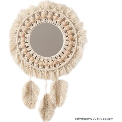 P8DE Woven Hanging Wall Mirror Boho Macrame Leaf Pendant Art Decoration for Apartment Living Room Bedroom Baby Nursery