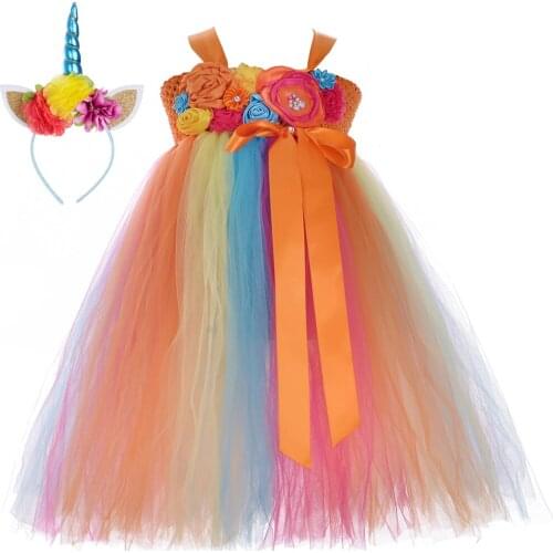 Rainbow Flower Girl Tutu Dress Unicorn Costume Ankle-Length Child Kids Pageant Wedding Party Gowns for Girls Tulle Tutu Dresses