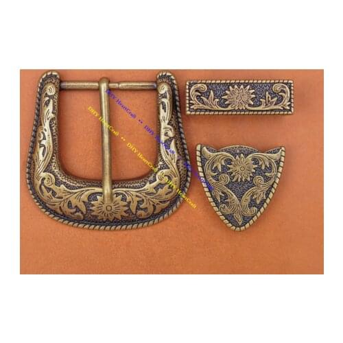 Western Belt Buckle Three Piece Set Antique Brass Floral Design Unisex 1 1/2"