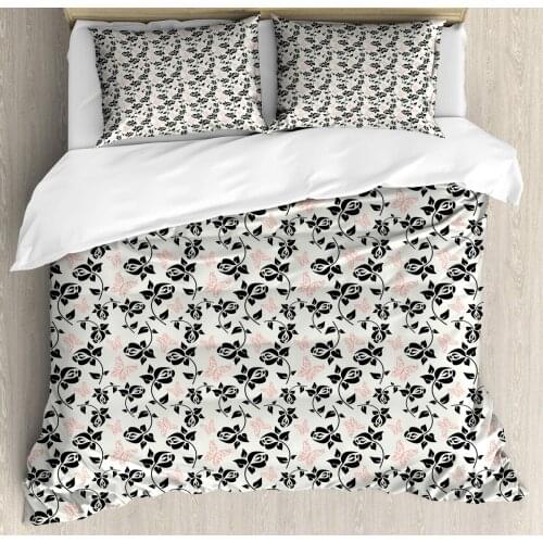 Romantic Duvet Cover Set Abstract Rose Silhouettes with Butterflies 3 Piece Bedding Set Charcoal Grey Dark Salmon and Pale Green