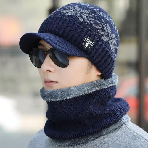 New Mens Winter Knitted Hat Fashion Soft High Quality Add Fur Lined Cap Male Thick Neck Protective Warm Hat