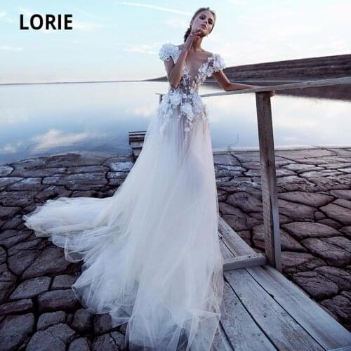 LORIE Boho Wedding Dresses O-Neck Appliques 3D Flowers Backless Bohemian Wedding Bridal Gowns Backless vestido de noiva 2020