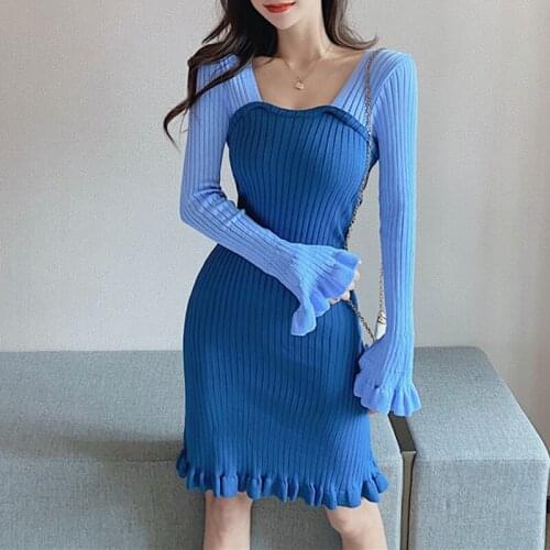 WKFYY Women Elegant Sexy Knitted Spliced Square Collar Striped Petal Sleeve Ruffles Sheath Maxi Bodycan Knee Length Dress D4132