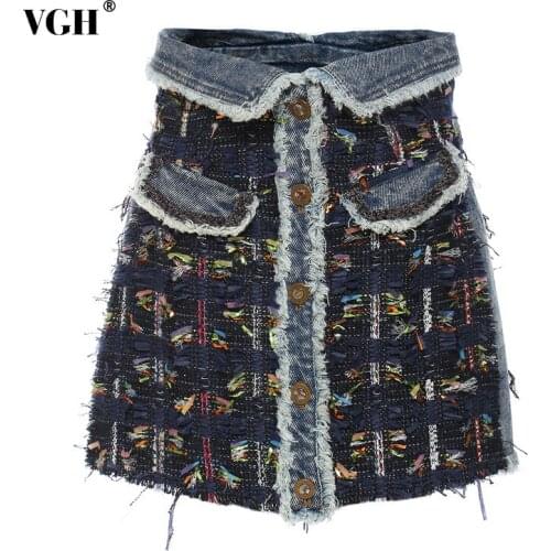 VGH Vintage Patchwork Colorblock Mini Skirt For Women High Waist Raw Hem A Line Casual Skirts Female 2021 Autumn Clothing Style