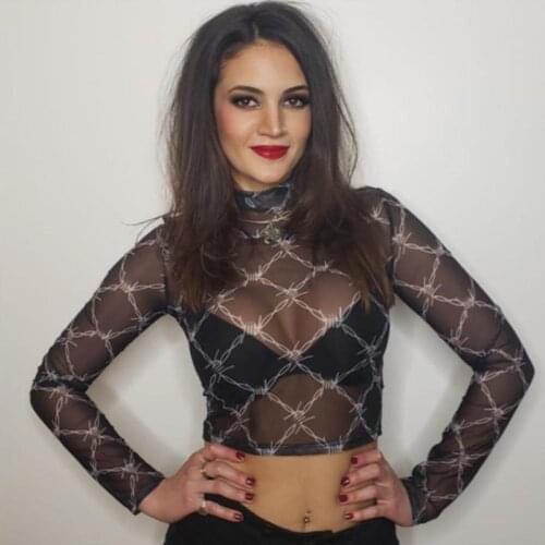 Mesh Tee Shirt Femme Sexy Long Sleeve Crop Top Chain Print T Shirt Women Streetwear Vintage Fishnet top T-shirt 2021 New Arrival