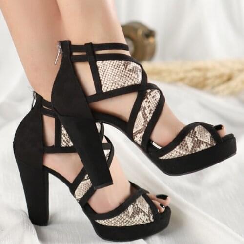 Tonar Neani Black Suede Snake Detailed Heels Women Shoes Ribbon Detail Summer Casual and Stylish Simple