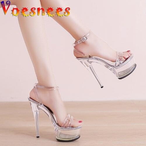 Voesnees 2021New Womens Shoes Transparent Crystal Heel Waterproof Platform Buckle Sandals Summer Fashion Pole Dance High Heels