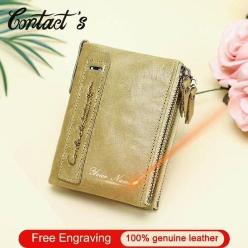 Contacts Genuine Leather Women Short Wallet Free Engraving Coin Purse Small Mini Card Holder Portomonee Female Wallet Pocket