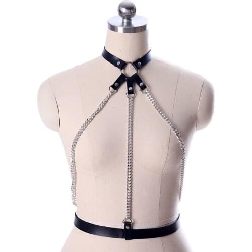 Leather Harness Belt Bondage Chest Cage Goth Chain Body Necklace Women Punk Fashion Festival Halloween Jewelry Garter Accessory