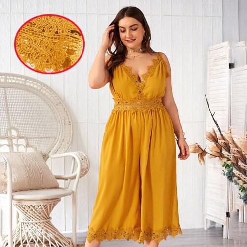 Free Shipping Large size suspender jumpsuit 2021 spring and summer lace temperament commute womens fashion yellow suit