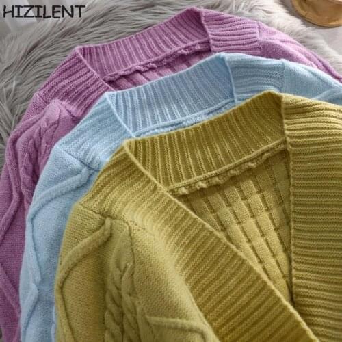 Women Knitted Cardigans Sweater korean Fashion Autumn Long Sleeve Loose Coat Casual Button Thick V Neck Solid Female Tops 2021