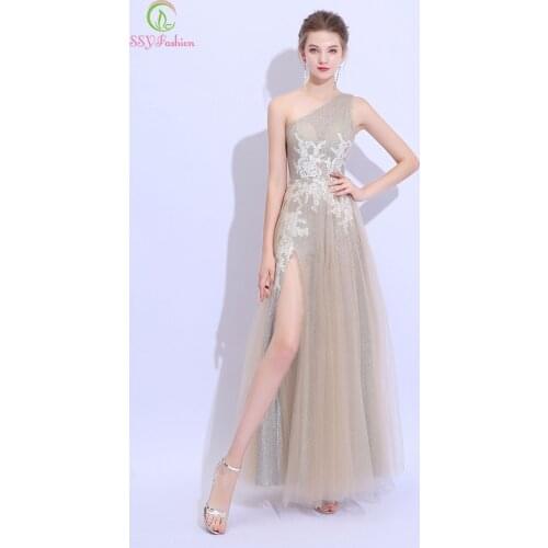 SSYFashion New One Shoulder Evening Dress Sexy Sleeveless Lace Appliques Beading Lllusion Beach Dress Formal Gown Robe De Soiree