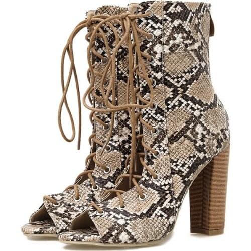 2020 DongCiTaCi Autumn Women Mid-Calf Boots Shoes Woman High Heel Pumps Female Snake pattern Leather Lace Up Short Bootie 35-40