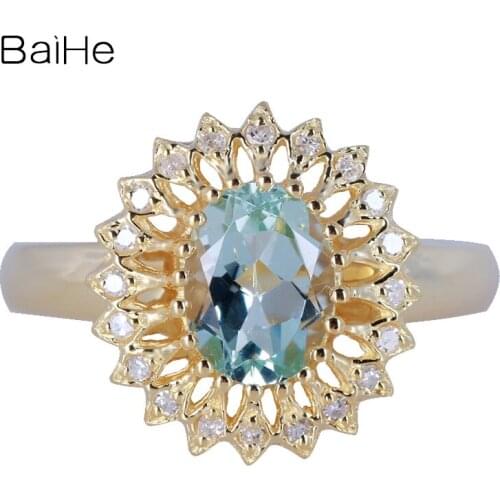 BAIHE Solid 14K Yellow Gold(AU585) 1.11CT Certified H/SI Oval 100% Genuine Aquamarine Wedding Women Trendy Aquamarine Ring