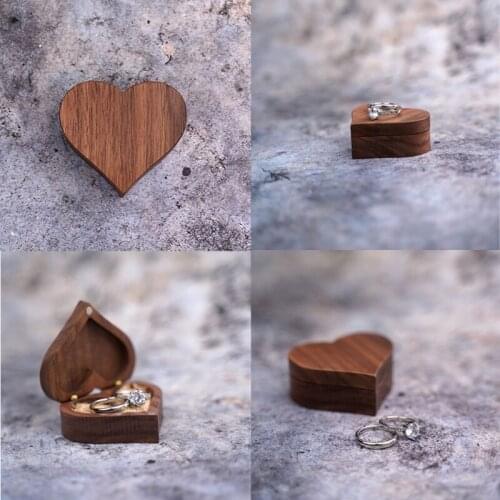 Heart Shaped Walnut Wood Ring Box Proposal Engagement Ring Holder Velvet Soft Interior Jewelry Ring Earrings Wooden Box 634D