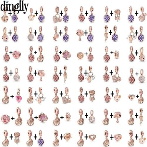 Dinglly Fashion Heart Life Tree Pendant Rose Gold Dangle Charm Fit Original Bracelets & Necklace Womens Jewelry Accessories