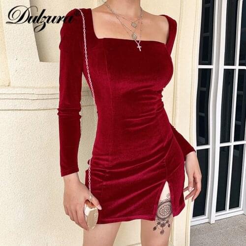 Dulzura Velvet Women Slit Mini Dress Long Sleeve Solid Square Collar Bodycon Sexy Streetwear Party Elegant 2020 Autumn Winter