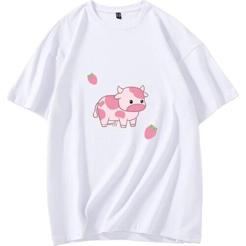 Strawberry Cow T Shirt Harajuku Aesthetic Cotton Striped Pant All-match Girl High Waist Joggers Vintage Two-piece Suits Ulzzang