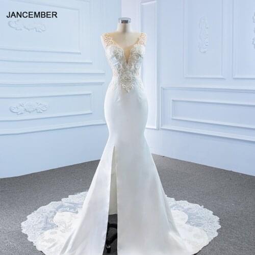 J67184 Jancember New High Split Mermaid Wedding Dresses 2021 Satin V-Neck Applique Tank With Sleeveless