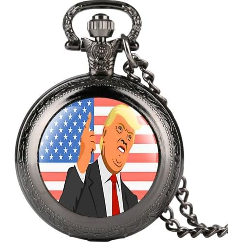 Trump President Theme Pocket Watch Quartz US Flags With Trump Necklace Chain Pendant Clock Hours Gift for Fans Unisex Relgio