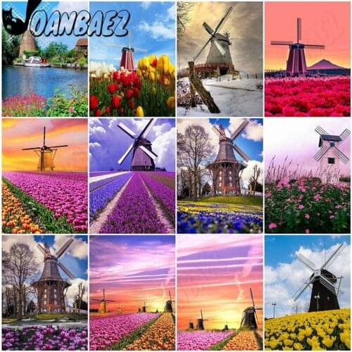 Windmill Manor Landscape Diamond Painting 5D Diy Wall Art Simple Flowers Square Diamond Embroidery Inlaid Home Room Decoration
