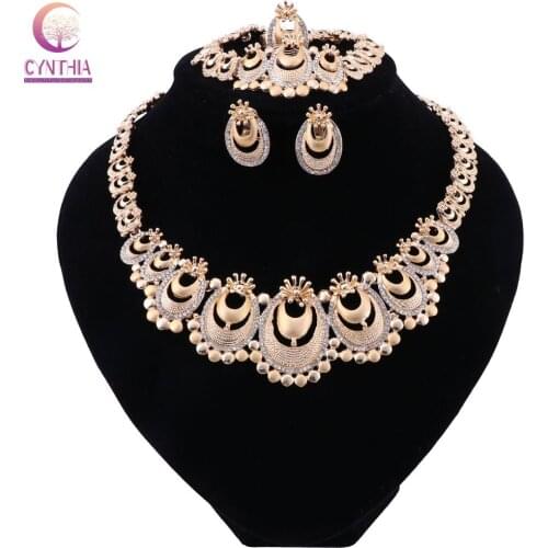 CYNTHIA Wedding Jewelry Sets For Women Vintage Necklace Earrings Ring Crystal Bracelet Gold Color Bridal Luxury Jewelry Sets