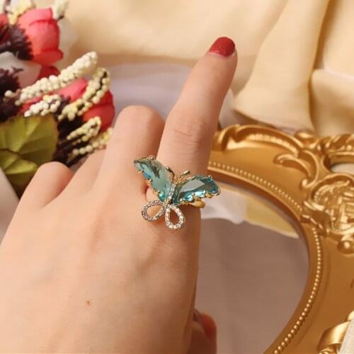 Korean new design fashion jewelry exquisite copper inlaid zircon opening adjustable crystal butterfly female shiny prom ring