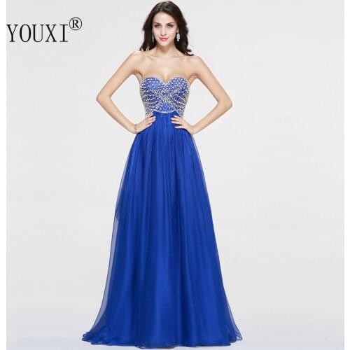 Royal Blue Prom Dress Sexy Sweetheart 30D Chiffon Beading Crystal A-Line vestidos largos de fiesta