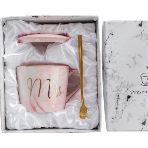 Handpainted Creative Ceramic Ms/Mrs Coffee Mug Milk Tea Marble Cup Golden Line Porcelain For Lovers Wedding Anniversary Gift Box