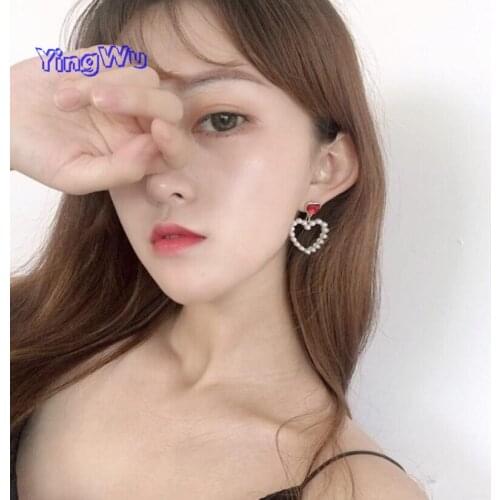 Sweet Rhinestone Red Heart Pearl Earrings For Women Hollow Dangle Earring Simple Korean Wedding Jewelry Party Gift