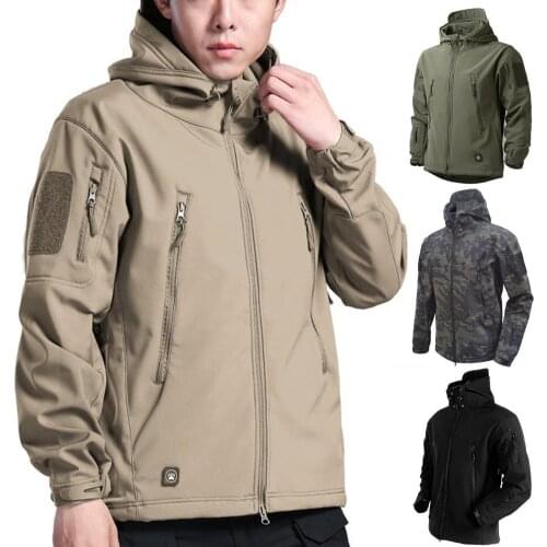 Mens Jacket Outdoor Thermal Breathable Windproof Waterproof Sports Coat Plush Tactical Hooded Jacket for Autumn Winter