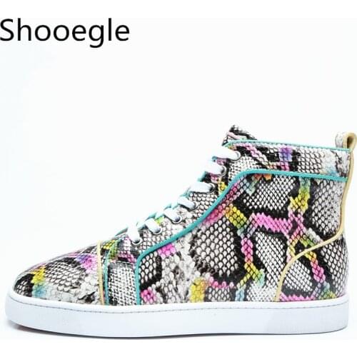 Men Mixed Color Leather Casual Shoes Lace Up High Tops Snakeskin Print Men Dress Shoes Runway Chaussures Hommes