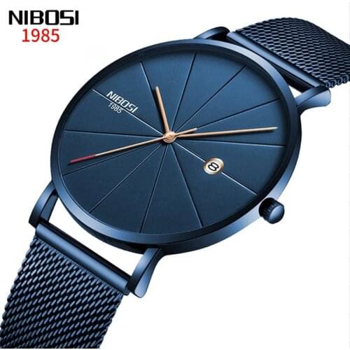 NIBOSI Men Stainless Steel Ultra Thin Blue Quartz Watches Men Classic Date Watches Luxury Mens Wrist Watch Relogio Masculino