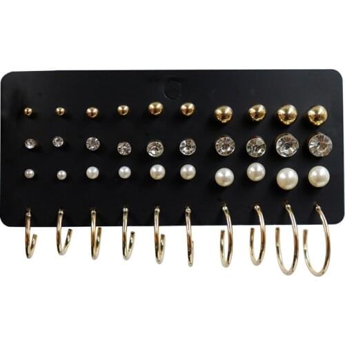 European and American 20 Pairs One Card Set Pearl Rhinestone Small Ring Multi- Combination Earrings Wholesale
