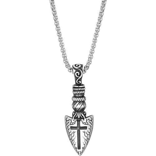 Stainless Steel Vintage Cross Shield Punk Rock Men Pendant Necklace Spearhead Jewelry Gift For Him with Chain