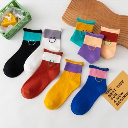 8 Pairs Womens Socks Autumn Winter Curly Smiling Face Happy Fashion Kawaii Lovely Middle Tube Students Lady Short Socks