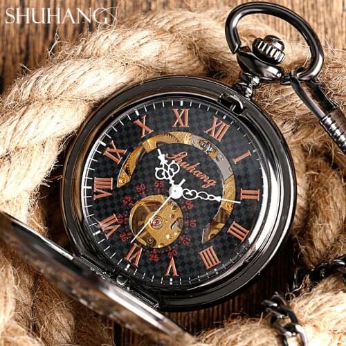 2017 New SHUHANG Skeleton Hand Wind Mechanical Pocket Watches Classic Dress Steampunk Steel Watch Men Women Birthday Gift Item