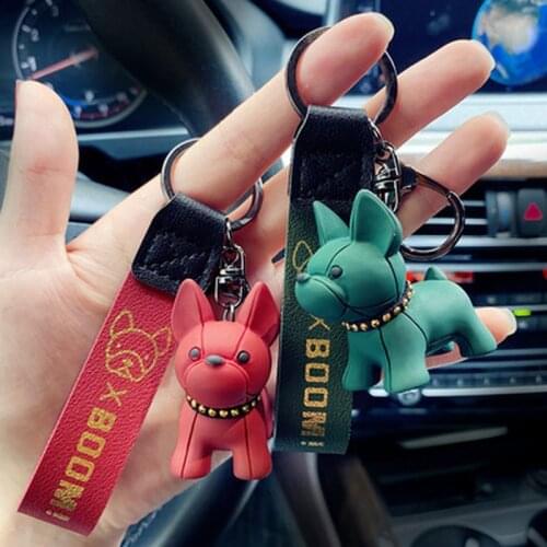 New Cartoon Method Fighting Dog Keychains PU Leather Dog Keychains for Women Bag Pendant Jewelry Trinket Car Key Ring Key Chain