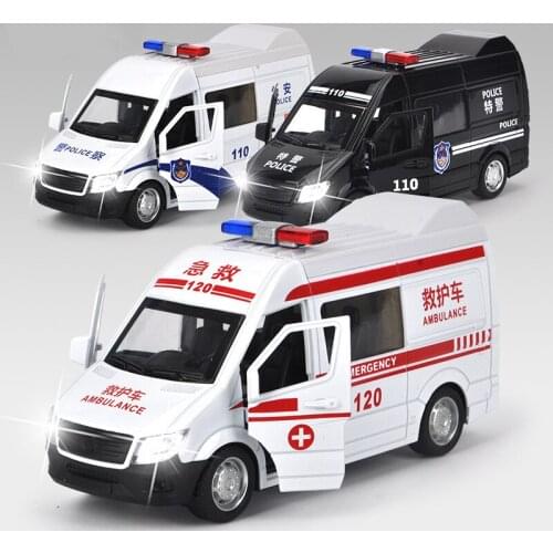 Police Hospital Rescue Ambulance Metal Pull Back Vehicle With Sound and Lights Diecast Toy Car Kids Gift