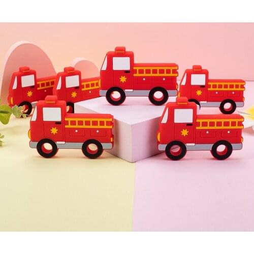 Sunrony 1pc Cartoon Fire truck Pattern Baby Teething Necklace Materials Food Grade Silicone Teether BPA Free for Baby Gift Toy