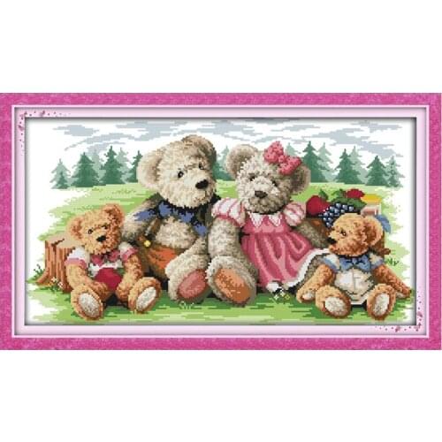 Teddy Bear Family 2 Cartoon Paintings Counted Printed On Canvas DMC 11CT 14CT Chinese Cross Stitch kit Embroider Needlework Set