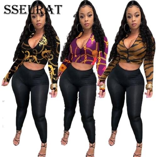 SSEURAT Women Summer Print V Neck Zipper Long Sleeve T-Shirts Short Tops Crop Tops Ladies sexyTops Tees T Shirts