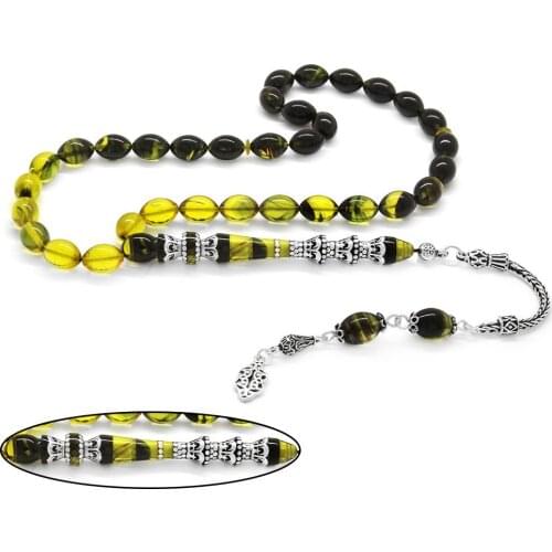 Tesbihane 925 Sterling Silver Tassels Silver Minaret Nakkaş İmameli Yellow Fire Amber Prayer Beads